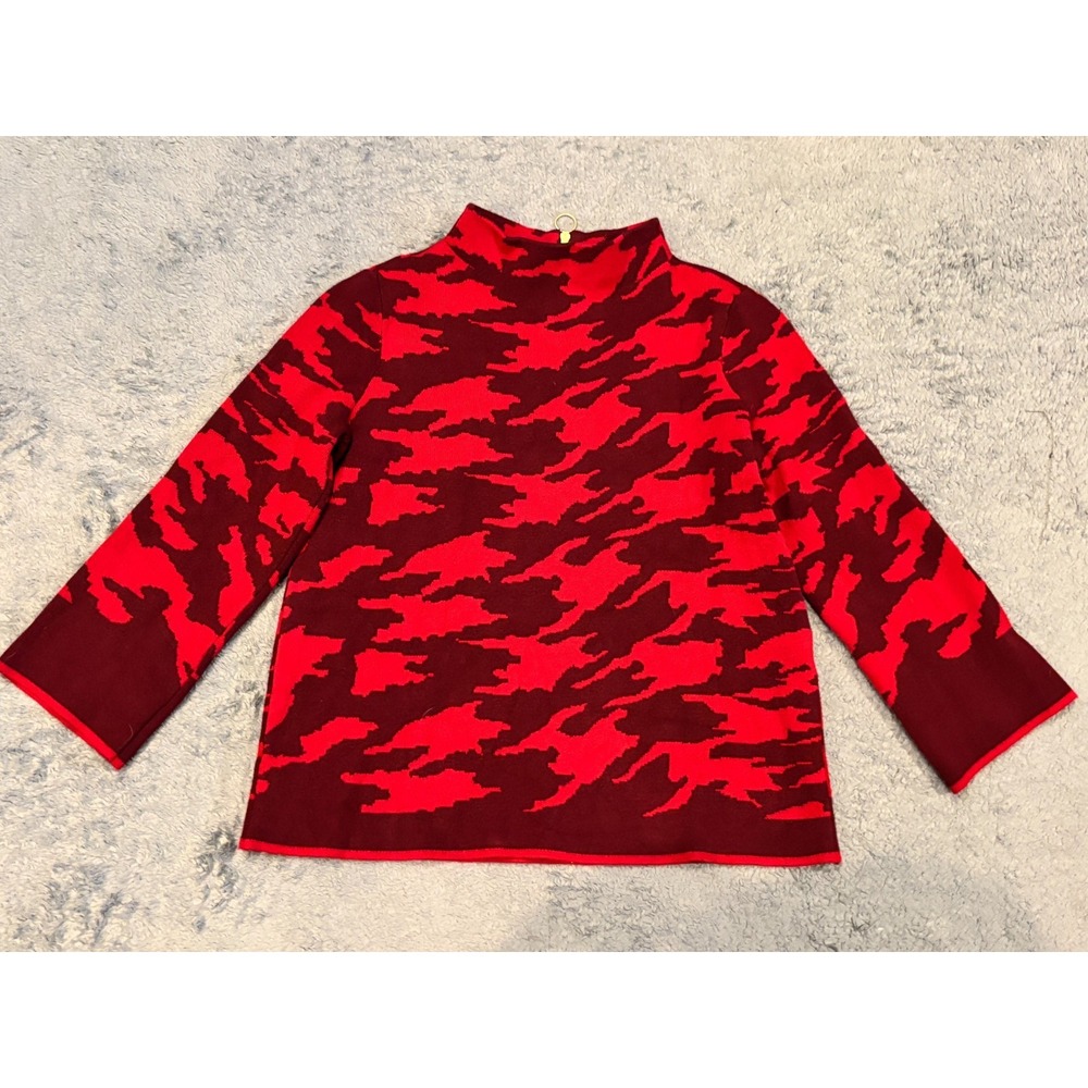 Chicos Sweater Size 0P Red Black Camo Abstract Mock Neck Stretch Pullover